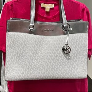 Michael Kors Jet Set LG Multifunction Laptop Tote Bag MK White Silver